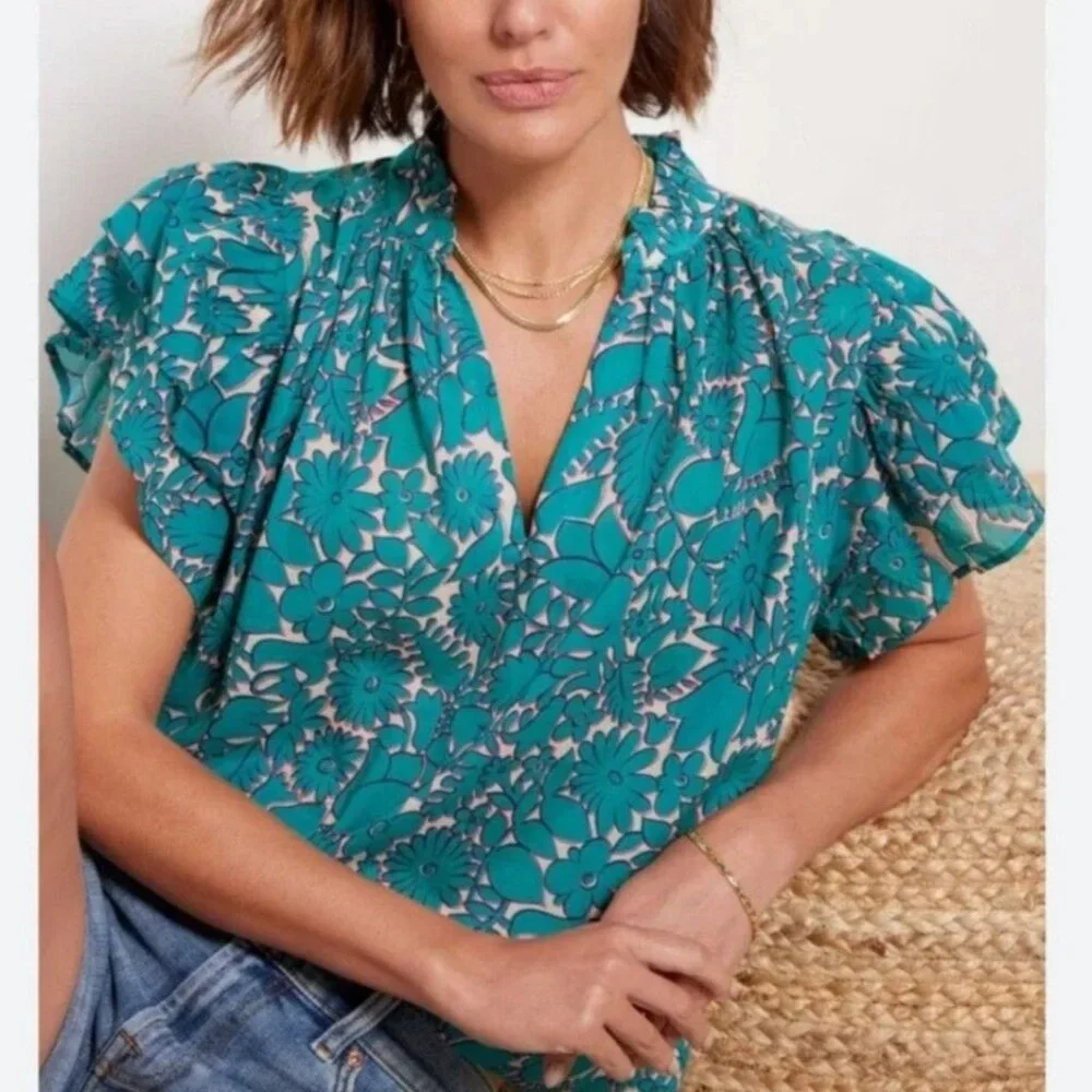 Birds of Paradis by Trovata Clover Top Thicket Blue Teal Cotton Womens Size M - Picture 3 of 9